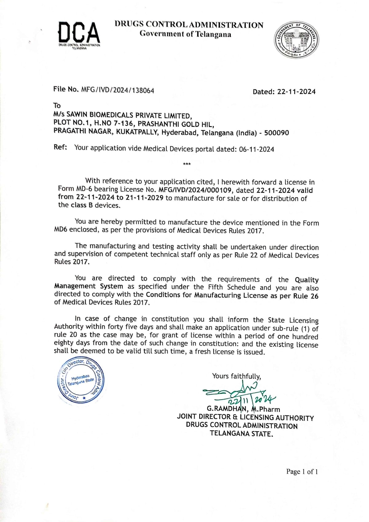 Manufacturing License from Drugs Control Administration, Telangana