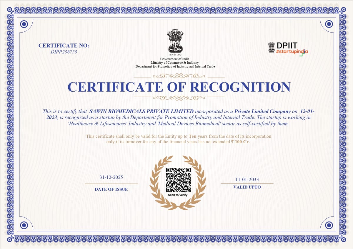 Startup India Recognition Certificate from DPIIT, Government of India