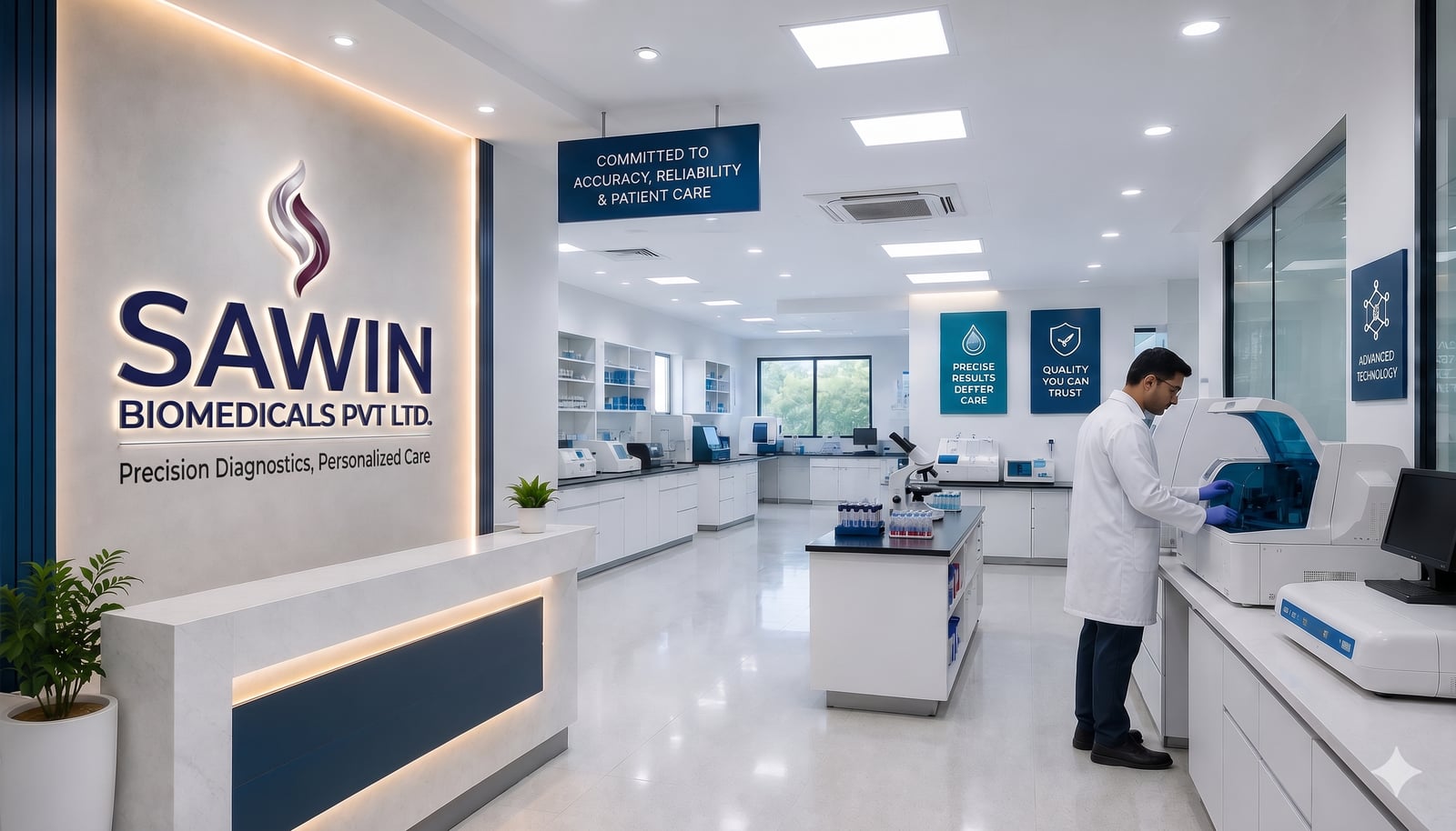 Sawin Biomedicals branded showcase area — Precision Diagnostics, Personalized Care, with scientist at the analyser bench