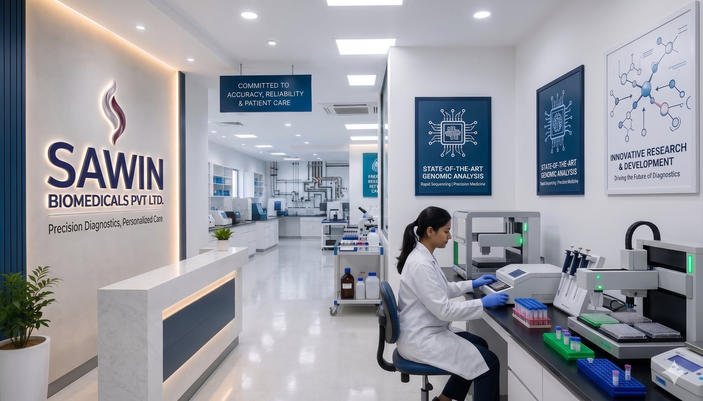 Sawin Biomedicals branded showcase area with State-of-the-Art Genomic Analysis and Innovative R&D panels and scientist at workstation